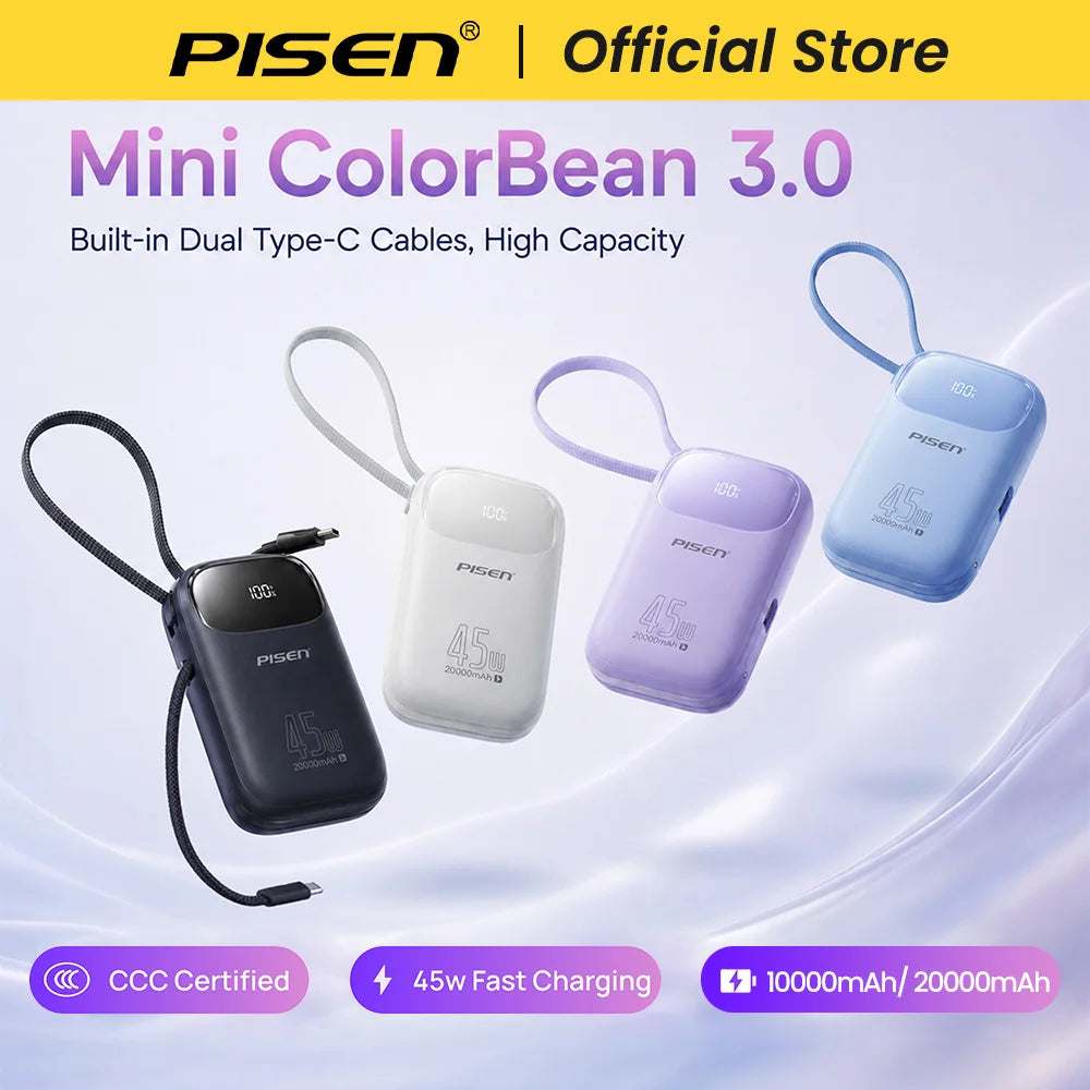 PISEN 45W Fast Charging CCC Power Bank Built-in Dual USB-C Cable 10000mAh/ 20000mAh Mini Portable Powerbank For iPhone 17 Xiaomi