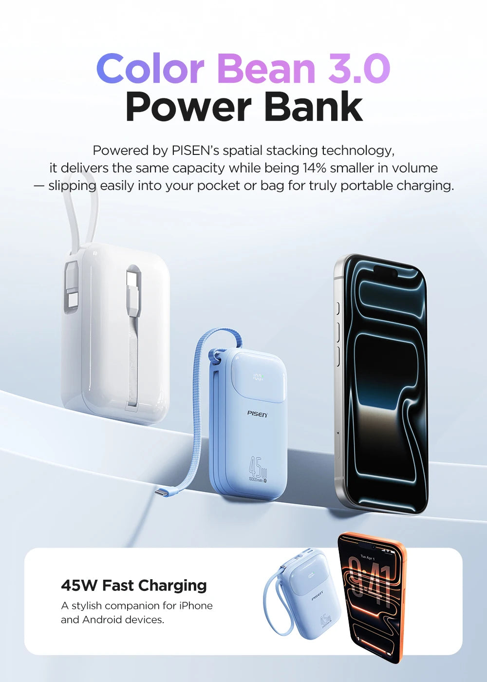 PISEN 45W Fast Charging CCC Power Bank Built-in Dual USB-C Cable 10000mAh/ 20000mAh Mini Portable Powerbank For iPhone 17 Xiaomi