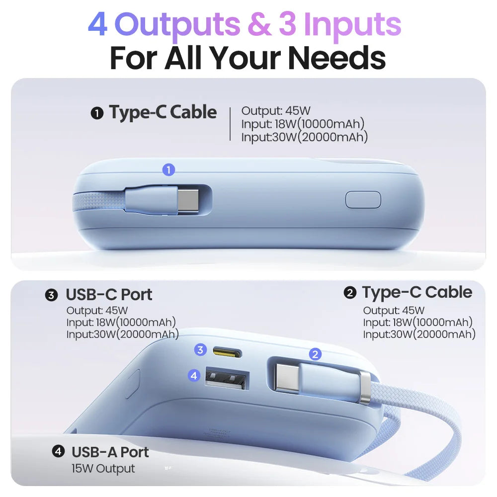 PISEN 45W Fast Charging CCC Power Bank Built-in Dual USB-C Cable 10000mAh/ 20000mAh Mini Portable Powerbank For iPhone 17 Xiaomi
