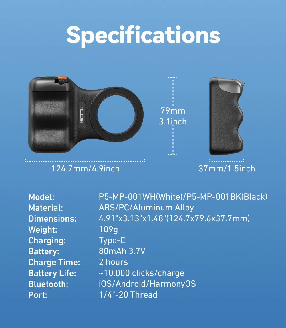 TELESIN Magnetic Phone Camera Shoot Hand Grip Phone Holder Shooting Aid Remote Control Handle for Smart Phone iPhone Android