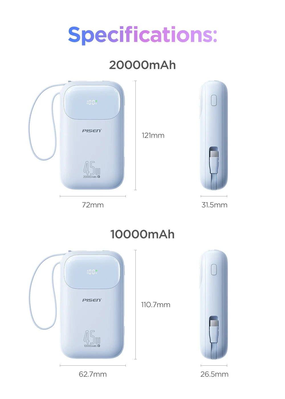 PISEN 45W Fast Charging CCC Power Bank Built-in Dual USB-C Cable 10000mAh/ 20000mAh Mini Portable Powerbank For iPhone 17 Xiaomi