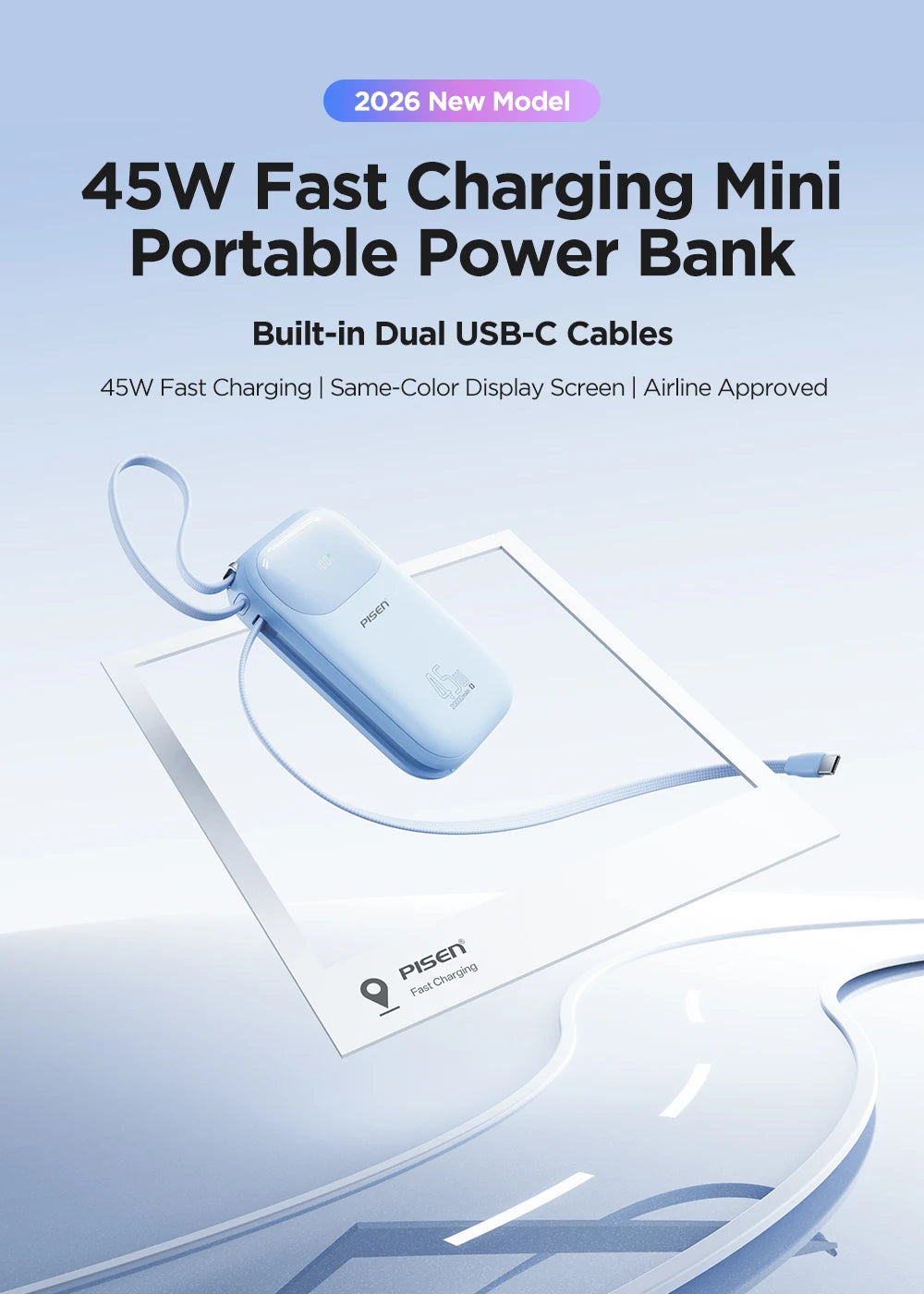 PISEN 45W Fast Charging CCC Power Bank Built-in Dual USB-C Cable 10000mAh/ 20000mAh Mini Portable Powerbank For iPhone 17 Xiaomi