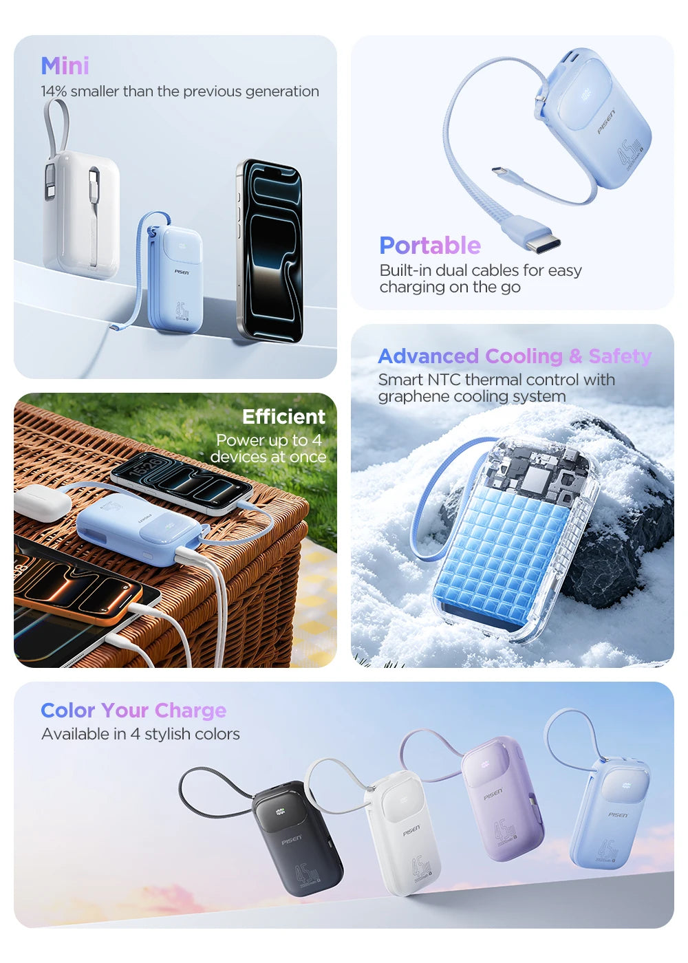 PISEN 45W Fast Charging CCC Power Bank Built-in Dual USB-C Cable 10000mAh/ 20000mAh Mini Portable Powerbank For iPhone 17 Xiaomi