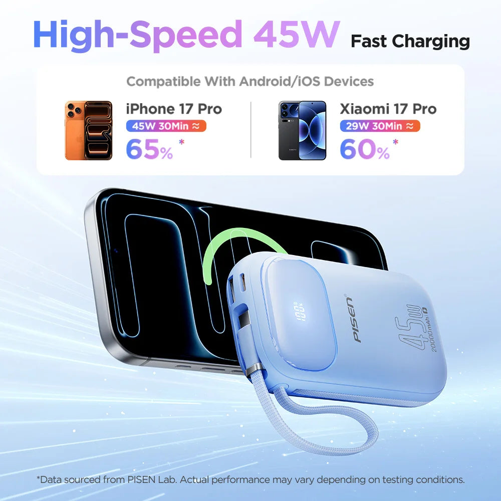 PISEN 45W Fast Charging CCC Power Bank Built-in Dual USB-C Cable 10000mAh/ 20000mAh Mini Portable Powerbank For iPhone 17 Xiaomi