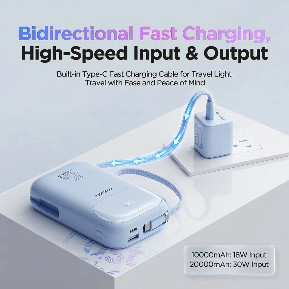 PISEN 45W Fast Charging CCC Power Bank Built-in Dual USB-C Cable 10000mAh/ 20000mAh Mini Portable Powerbank For iPhone 17 Xiaomi
