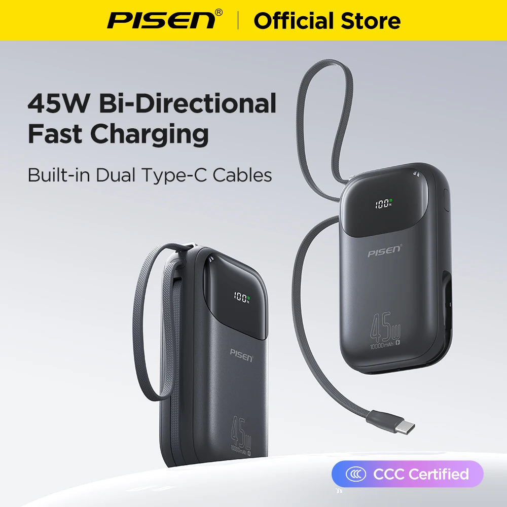 PISEN 45W Fast Charging CCC Power Bank Built-in Dual USB-C Cable 10000mAh/ 20000mAh Mini Portable Powerbank For iPhone 17 Xiaomi