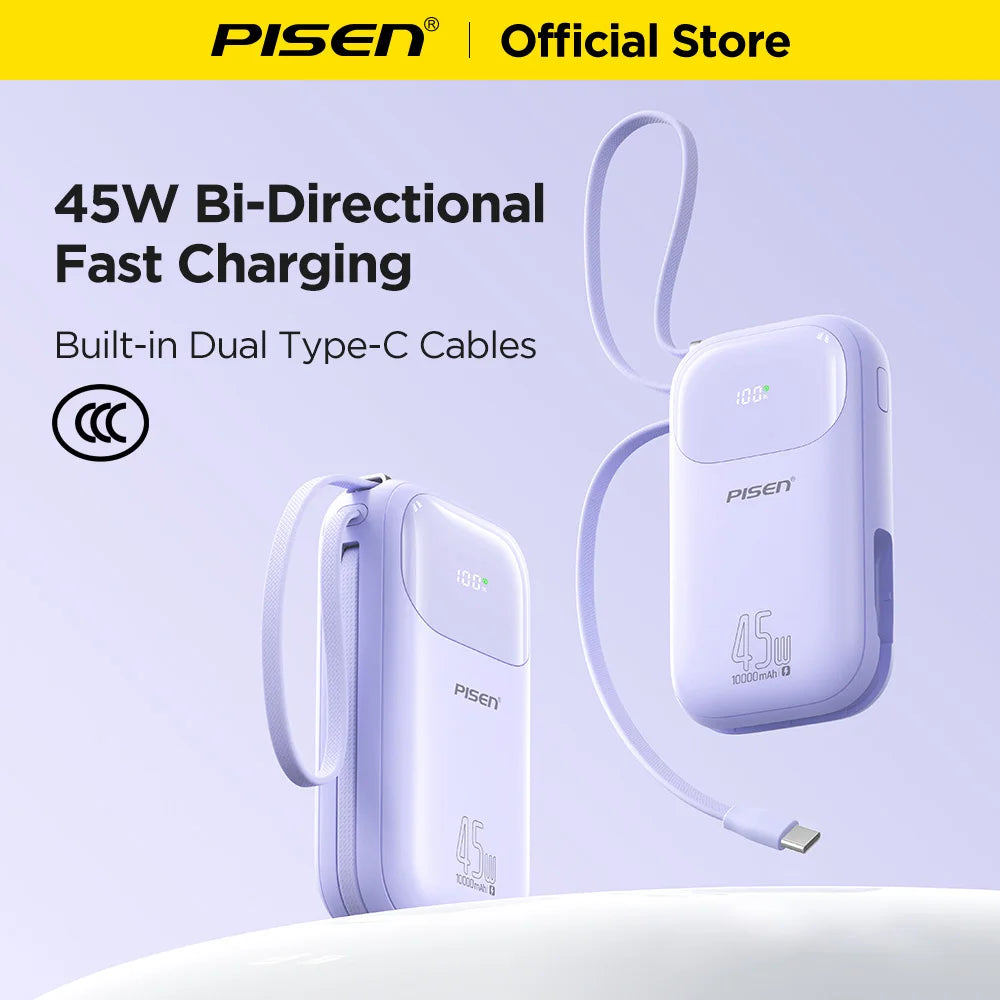PISEN 45W Fast Charging CCC Power Bank Built-in Dual USB-C Cable 10000mAh/ 20000mAh Mini Portable Powerbank For iPhone 17 Xiaomi