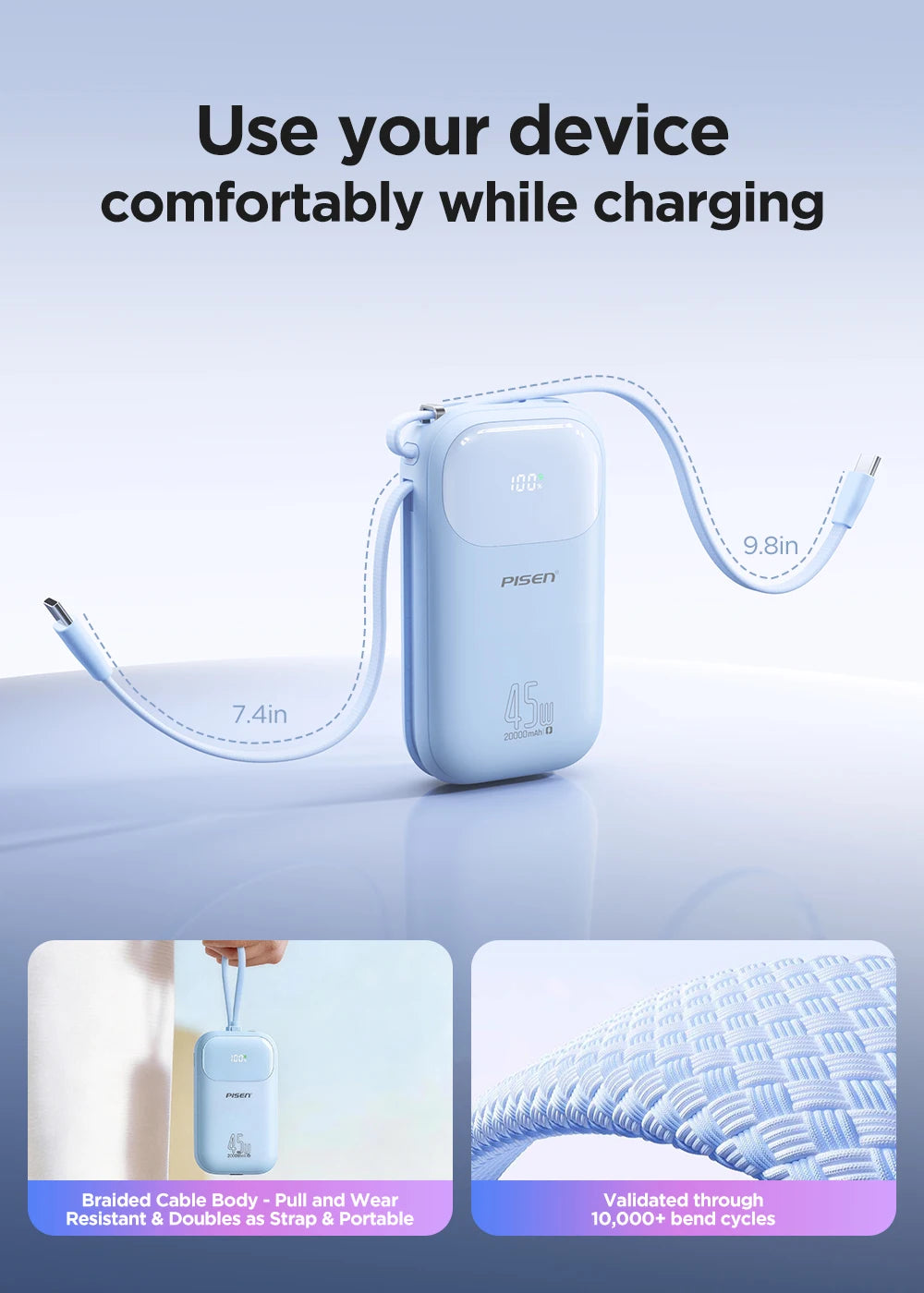 PISEN 45W Fast Charging CCC Power Bank Built-in Dual USB-C Cable 10000mAh/ 20000mAh Mini Portable Powerbank For iPhone 17 Xiaomi