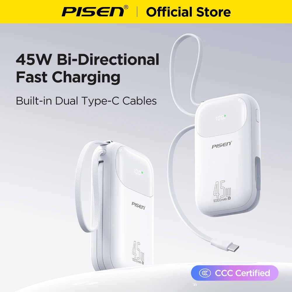 PISEN 45W Fast Charging CCC Power Bank Built-in Dual USB-C Cable 10000mAh/ 20000mAh Mini Portable Powerbank For iPhone 17 Xiaomi