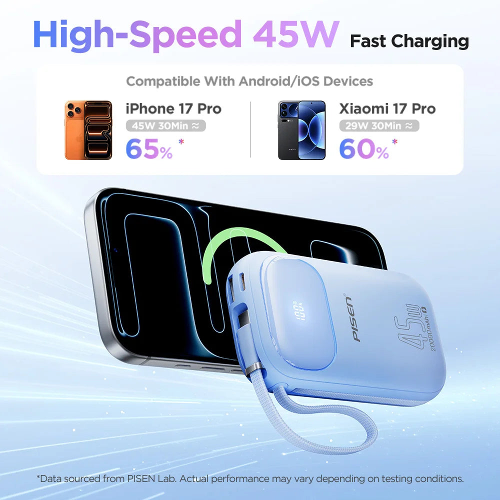 PISEN 45W Fast Charging CCC Power Bank Built-in Dual USB-C Cable 10000mAh/ 20000mAh Mini Portable Powerbank For iPhone 17 Xiaomi