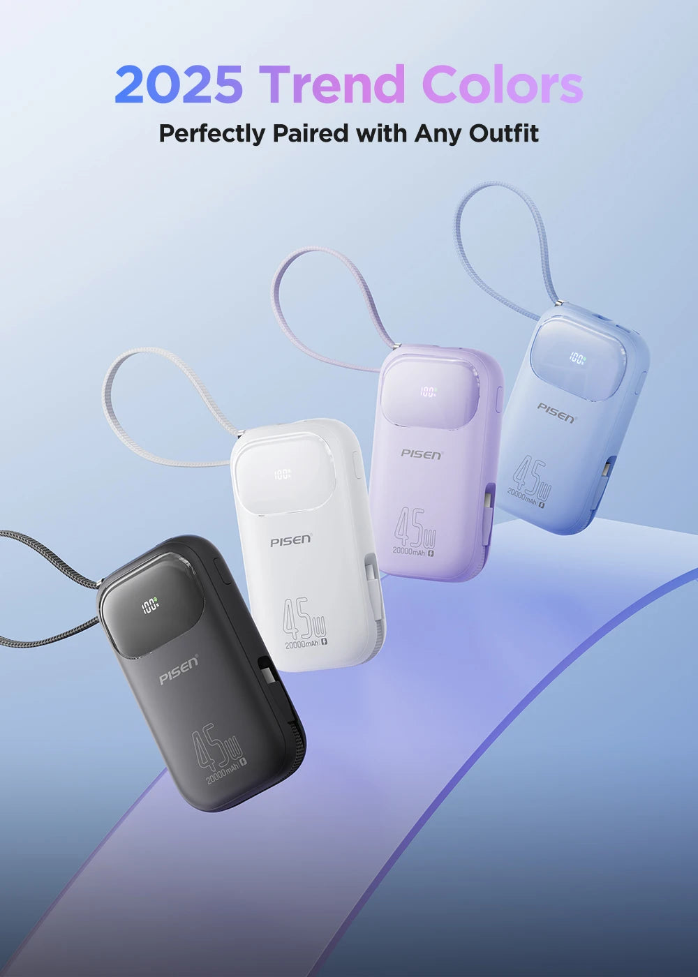 PISEN 45W Fast Charging CCC Power Bank Built-in Dual USB-C Cable 10000mAh/ 20000mAh Mini Portable Powerbank For iPhone 17 Xiaomi