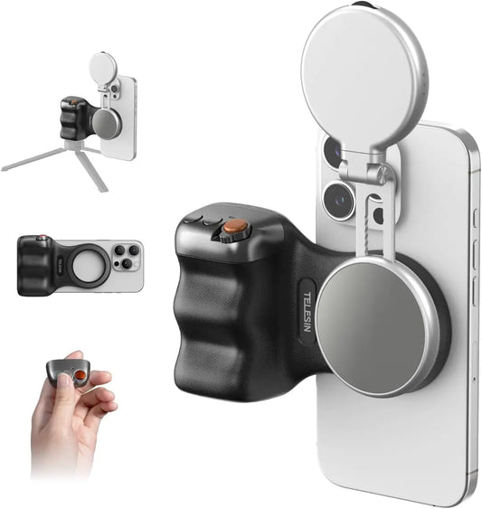 TELESIN Fun Shot Magnetic Phone Camera Grip + C03 Magnetic Selfie Light Bundle Kit Compatible with IPhone & Android