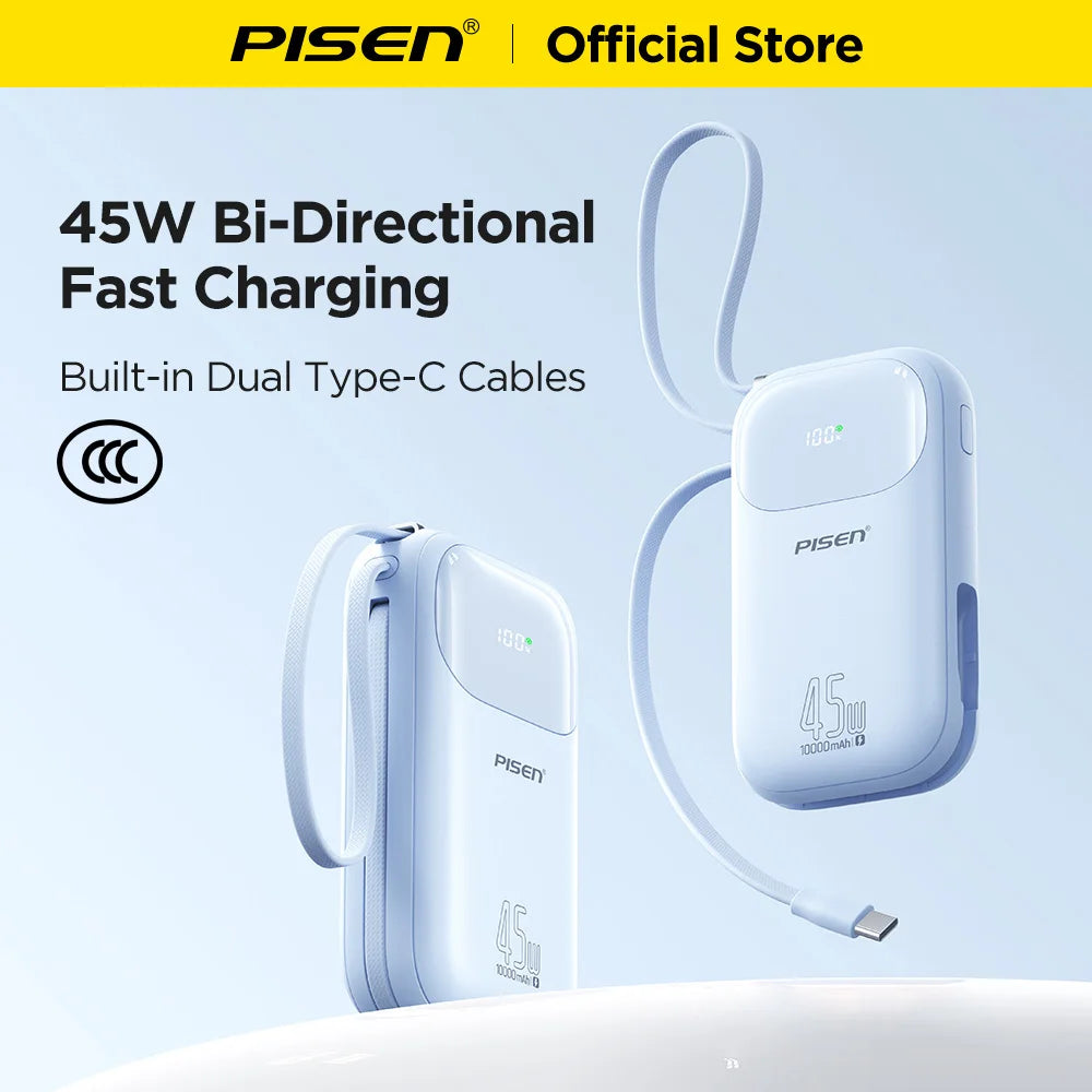 PISEN 45W Fast Charging CCC Power Bank Built-in Dual USB-C Cable 10000mAh/ 20000mAh Mini Portable Powerbank For iPhone 17 Xiaomi